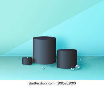 Minimal abstract cylinder shape and pearl beads, wall scene. Platform, podium to advertise various objects. Vector illustration.