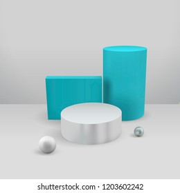 Minimal abstract cylinder shape, sphere and cube, wall scene. Platform, podium to advertise various objects. Vector illustration in pastel colors