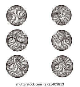 Esferas deformadas abstratas mínimas de arames isoladas sobre fundo branco, simbolizando movimento, transformação, fluxo de dados e estruturas digitais dinâmicas. Perfeito para conceitos tecnológicos, visualização de dados, marca criativa, cartazes, apresentações e composições gráficas modernas.