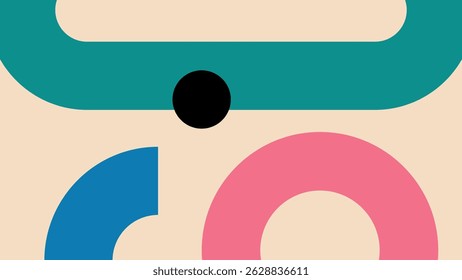 Diseño abstracto minimalista con formas geométricas atrevidas en verde azulado, negro, rosa y azul sobre un fondo beige, evocando una sensación moderna y artística.