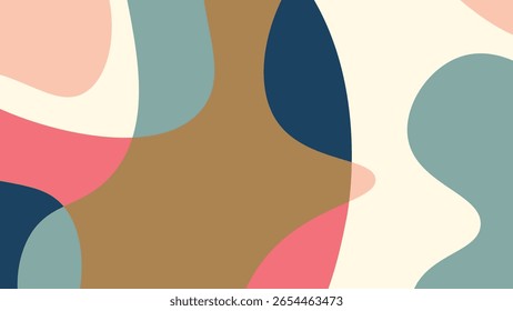 Design abstrato mínimo com formas orgânicas em tons de terra suaves, como bege, marrom, azul-petróleo e coral, com uma composição fluente suave.