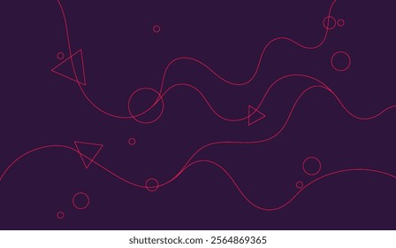 Minimal abstract design featuring wavy red lines, circles, and triangles on a deep purple background. Perfect for art, textures, science, and modern design