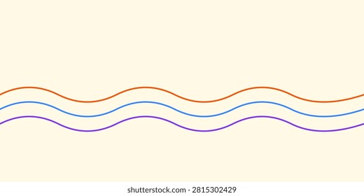 Minimal abstract design with three wavy lines in orange, blue and purple on cream background. Simple modern wave divider. Perfect for website header, banner, branding, presentation, and decorative element. EPS10 vector.