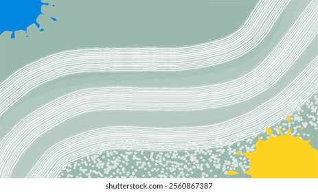 A minimal abstract digital illustration featuring soft green waves with smooth white curved lines and large paint splatters in bold blue and yellow, suitable for minimalist projects