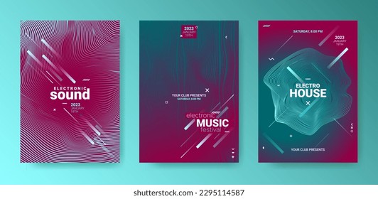 Minimal Abstract Dj Flyer Set. Electro Sound Cover. Techno Music Poster. Vector Edm Background. Psychedelic Abstract Dj Flyer. Geometric Festival Banner. Gradient Distort Lines. 3d Dj Flyer.