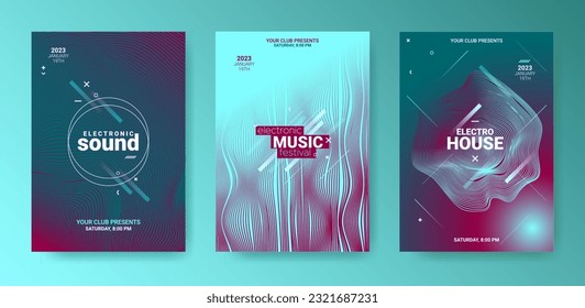 Minimal Abstract Dj Flyer Set. Electro Sound Cover. Techno Music Poster. Vector Edm Background. Psychedelic Abstract Dj Flyer. Geometric Fest Banner. Gradient Wave Round. 3d Dj Flyer.