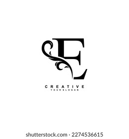 minimal abstract elegant E letter logo design. simple E monogram logo with leaf, nature element vector template. initial letter E black