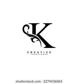 minimal abstract elegant K letter logo design. simple K monogram logo with leaf, nature element vector template. initial letter K black