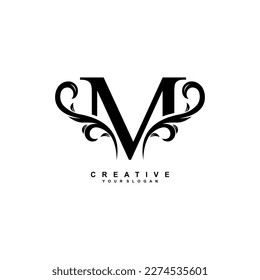minimal abstract elegant M letter logo design. simple M monogram logo with leaf, nature element vector template. initial letter M black