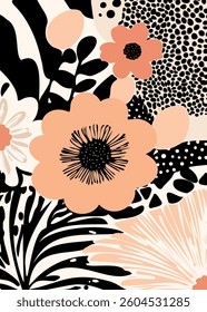 Minimal abstract floral pattern in neutral tones. Ethnic-inspired vector design with smooth shapes, perfect for modern decor and fashion.