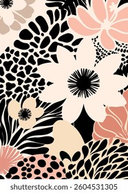 Minimal abstract floral pattern in neutral tones. Ethnic-inspired vector design with smooth shapes, perfect for modern decor and fashion.