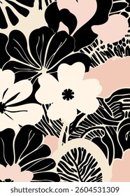 Minimal abstract floral pattern in neutral tones. Ethnic-inspired vector design with smooth shapes, perfect for modern decor and fashion.