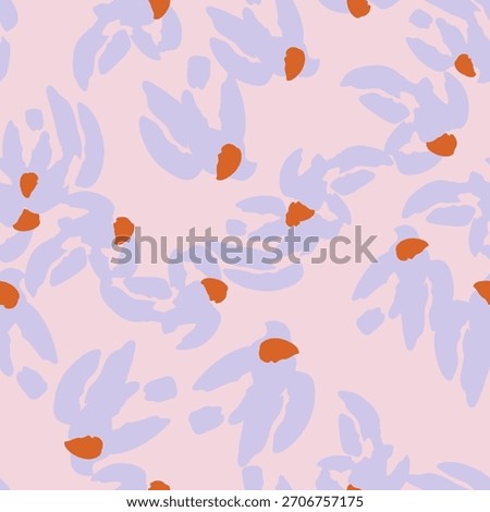Minimal abstract floral seamless pattern with soft lilac shapes and bold orange accents on a muted pink background. Calm, modern, versatile design perfect for textiles, packaging, stationery