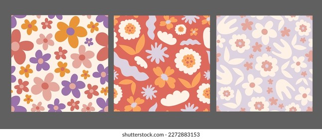 Minimal abstract floral seamless patterns set. Cute collection with organic flowers wavy shapes backgrounds. Vector illustration