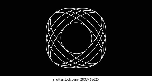 Minimal abstract geometric composition featuring elegant white circular intersecting line art on a black background. Perfect for branding, technology, corporate identity, posters, presentations, websites, social media, UI design, wallpapers, packaging, and modern creative graphic projects with generous copy space.