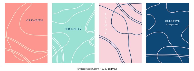 Minimal abstract geometric covers set.  Simple lines colorful trendy templates design. Posters, business identity, flyers background, social media stories, web backdrops. Vector illustration
