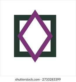 Minimal Abstract Geometric Frame with Purple Diamond and Dark Green Square on White Background