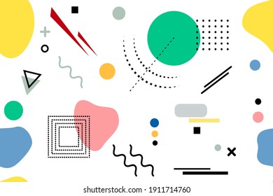 minimal abstract geometric seamless pattern of pattern dots, circles and rectangles tones of burnt oranges, yellows, blue on white background. Memphis style for fabric, paper, postcards, wallpapers