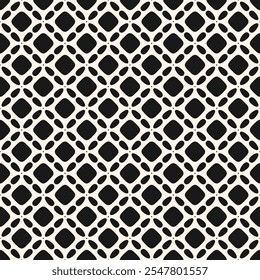 Minimal abstract geometric seamless pattern. Simple vector texture with curved shapes, flower silhouettes, tiles, grid, lattice. Black and white ornamental background. Repeated monochrome geo design