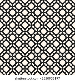 Minimal abstract geometric seamless pattern. Simple vector texture with curved shapes, flower silhouettes, tiles, grid, lattice, mesh. Black and white ornament background. Repeated monochrome design