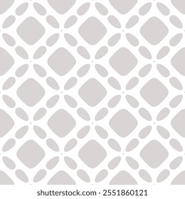 Minimal abstract geometric seamless pattern. Simple vector texture with curved shapes, flower silhouettes, tiles, grid. Subtle elegant white and gray ornament background. Repeated geo design for decor