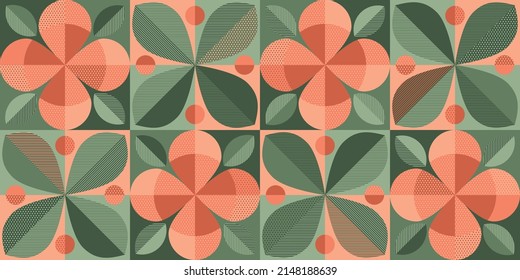 Minimal abstract geometry flowers and leaves seamless pattern. Orange and green laconic elegant floral pattern for background, fabric, textile, wrap, surface, web and print design. Vector illustration