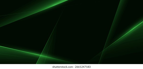 Minimal abstract green polygon glowing lines on black background. diagonal striped green