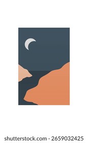 Minimal Abstract Hills Under Dark Sky. Simple Bohemian Landscape Nighttime Art