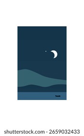 Colinas Abstractas mínimas bajo el cielo oscuro. Arte nocturno bohemio simple del paisaje