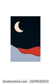Colinas Abstractas mínimas bajo el cielo oscuro. Arte nocturno bohemio simple del paisaje