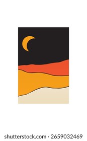 Minimal Abstract Hills Under Dark Sky. Simple Bohemian Landscape Nighttime Art