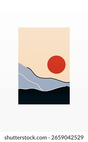 Colinas Abstratas Mínimas Sob Céu Escuro. Arte Boêmia Simples Da Paisagem À Noite