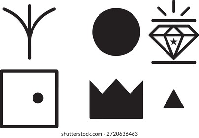 Conjunto de íconos abstractos mínimos con Formas geométricas, coronas, diamantes y símbolos de estructura que representan conceptos, Estados y Elementos de diseño creativos.