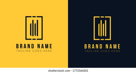 Minimal abstract initial letter DD logo. This icon incorporate with abstract rectangle shape and typeface in the creative way. This design in yellow and black background.