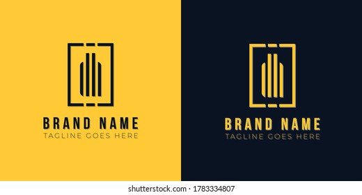 Minimal abstract initial letter DH logo. This icon incorporate with abstract rectangle shape and typeface in the creative way. This design in yellow and black background.