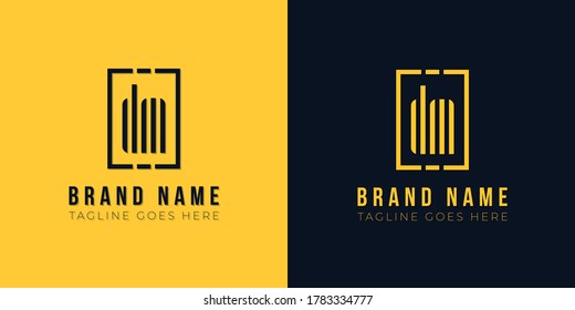 Logo de DM de letra mínima abstracta. Este icono incorpora con forma de rectángulo abstracto y tipo de letra de forma creativa. Este diseño de fondo amarillo y negro.