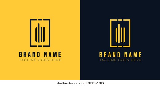 Minimal abstract initial letter DU logo. This icon incorporate with abstract rectangle shape and typeface in the creative way. This design in yellow and black background.