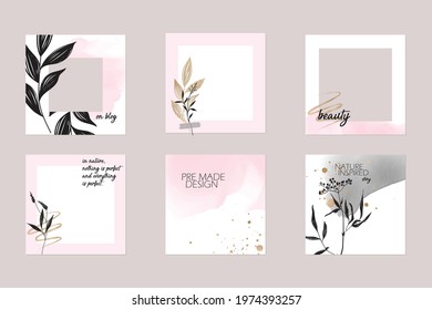 Minimal Abstract Instagram Social Media Story Post Feed Background Layout. Banner Template In Pink Nude Pastel Watercolor Vector Texture Mockup With Floral Elements. For Beauty, Care, Wedding, Makeup