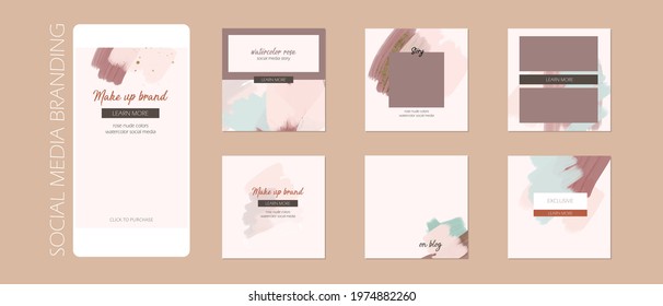 Minimal Abstract Instagram Social Media Story Post Feed Background Layout, Web Banner Template. Pink Nude Pastel Watercolor Paint Vector Mock Up. For Beauty, Jewelry, Skin Care, Wedding, Make Up Salon