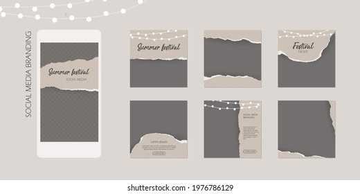 Minimal Abstract Instagram Social Media Story Post Feed Template With Copy Space. Ripped Torn Paper Texture Background Mockup. For Beauty, Wedding, Summer, Festival, Spring, Restaurant, Fashion, Party