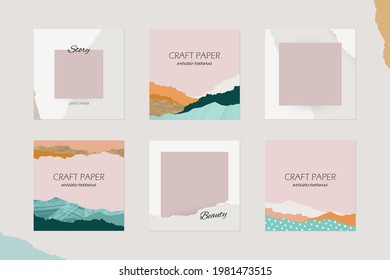 Minimal Abstract Instagram Social Media Story Post Feed Background, Web Banner Template. Colorful Spring Summer Pastel Torn Ripped Paper Texture Mock Up. For Beauty Care, Jewelry, Wedding, Make Up
