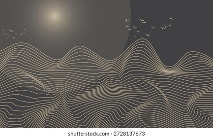 Minimal abstract landscape background featuring flowing topographic contour line art, golden sun and flying birds on dark neutral background, modern zen nature illustration perfect for wall art, branding, poster design, presentation slides, website background and contemporary graphic projects