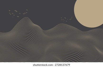 Minimaler abstrakter Landschaftshintergrund mit fließender topografischer Kontur, Linienkunst, goldener Sonne und fliegenden Vögeln auf dunkelneutralem Hintergrund, moderne Zen-Naturdarstellung perfekt für Wandkunst, Branding, Posterdesign, Präsentationsfolien, Website-Hintergrund und zeitgenössische grafische Projekte