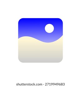 Minimal abstract landscape icon with smooth gradient colors, rounded square frame, simple sky and sand shapes, modern flat design. Perfect for UI, app placeholder, gallery image icon, website interface, and creative projects.