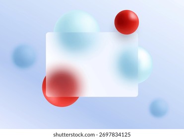 Minimal abstract layout with a white frosted rectangle and glossy red and blue spheres on a soft gradient background.