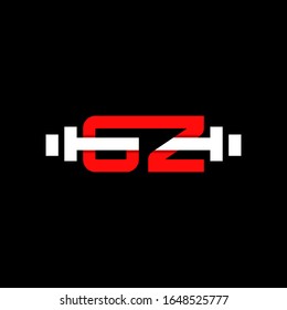 Minimal abstract letter GZ gym logo with dumbbell or barbell. Creative design graphic template in red and white color. Isolated in black background with flat style. Can be used for gym and fitness.