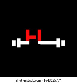 Minimal abstract letter HL gym logo with dumbbell or barbell. Creative design graphic template in red and white color. Isolated in black background with flat style. Can be used for gym and fitness.