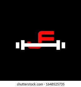 Minimal abstract letter JE gym logo with dumbbell or barbell. Creative design graphic template in red and white color. Isolated in black background with flat style. Can be used for gym and fitness.