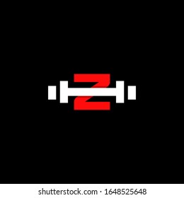 Minimal abstract letter Z gym logo with dumbbell or barbell. Creative design graphic template in red and white color. Isolated in black background with flat style. Can be used for gym and fitness.