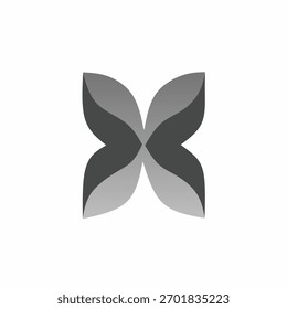 Logotipo abstracto mínimo con Formas degradadas en negro y gris que forman un diseño X simétrico